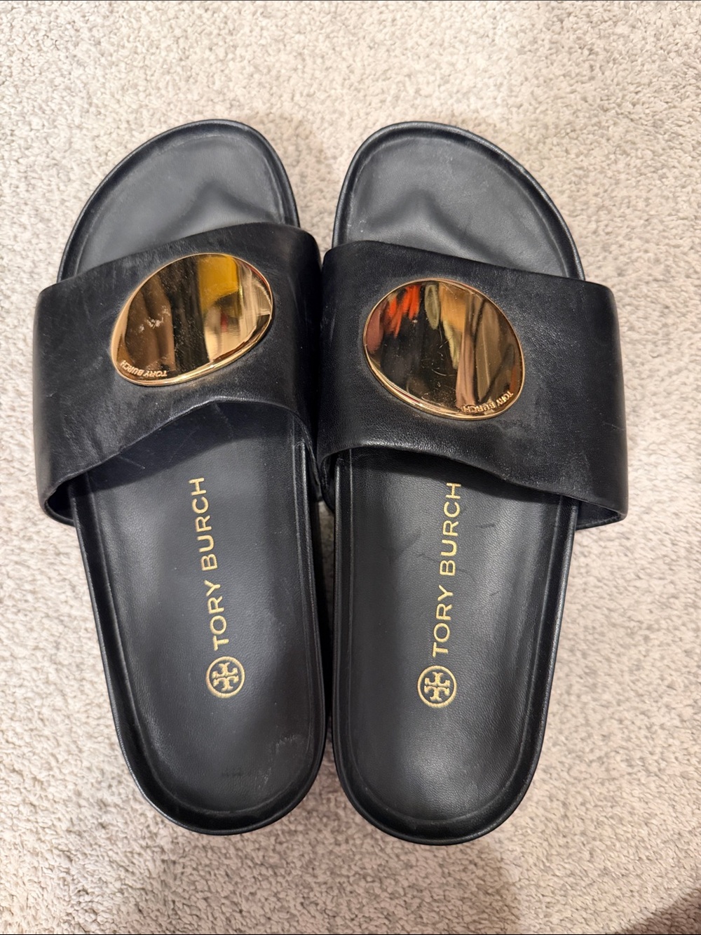 Tory Burch Black Leather Slide Sandals with Gold Emblem